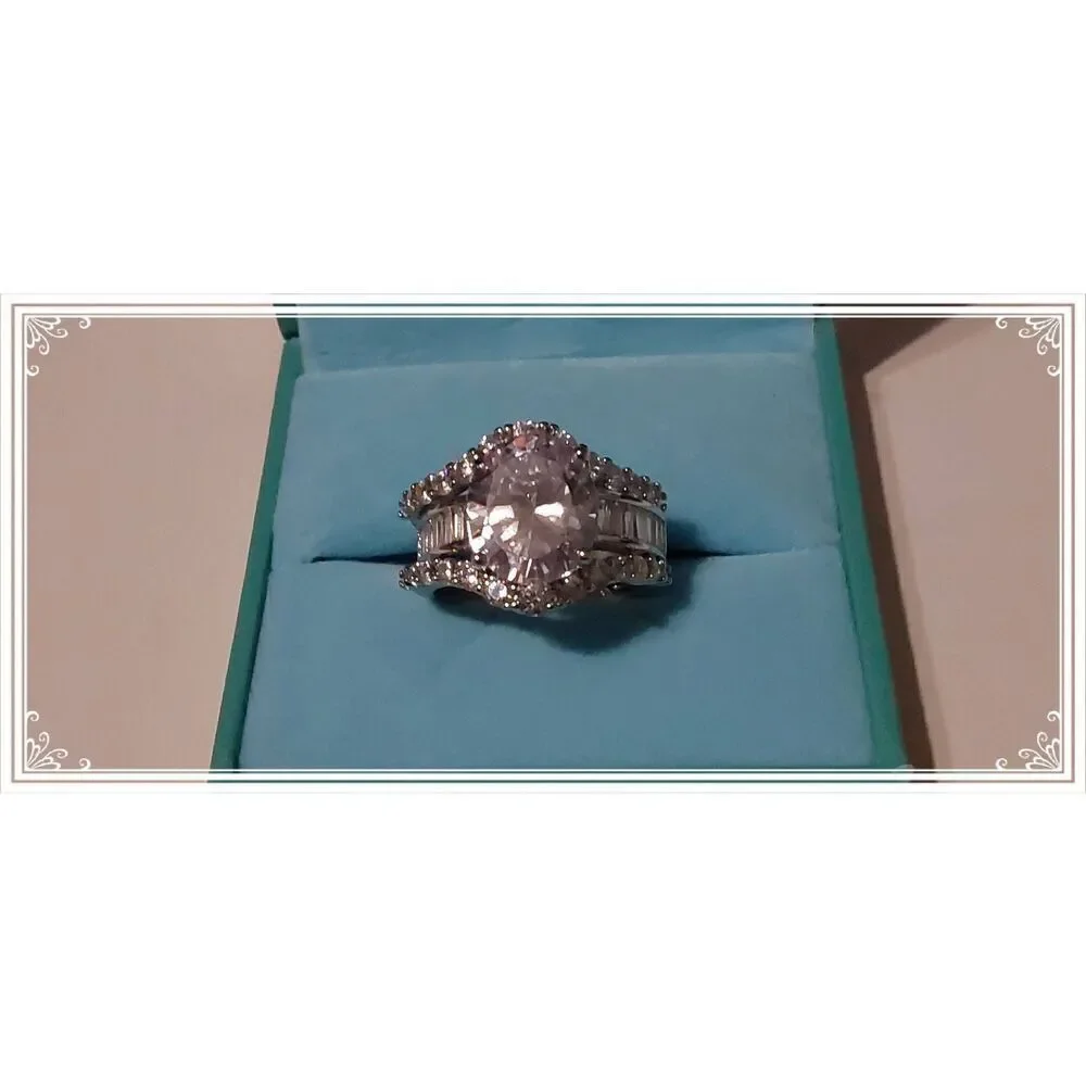 Stunning 7.5 Ct. Genuine Diamond Simulant Oval~Baguette~Round Bridal Ring Set #8